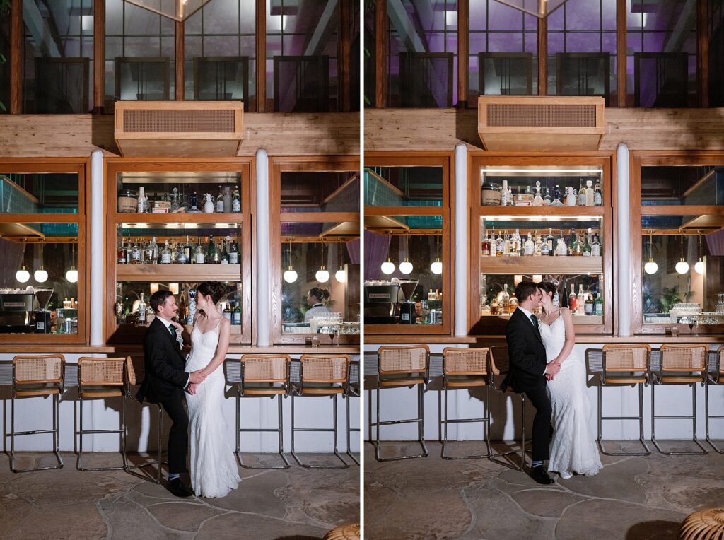 Bride and groom share kiss at the canal club at the Scott Resort and Spa.