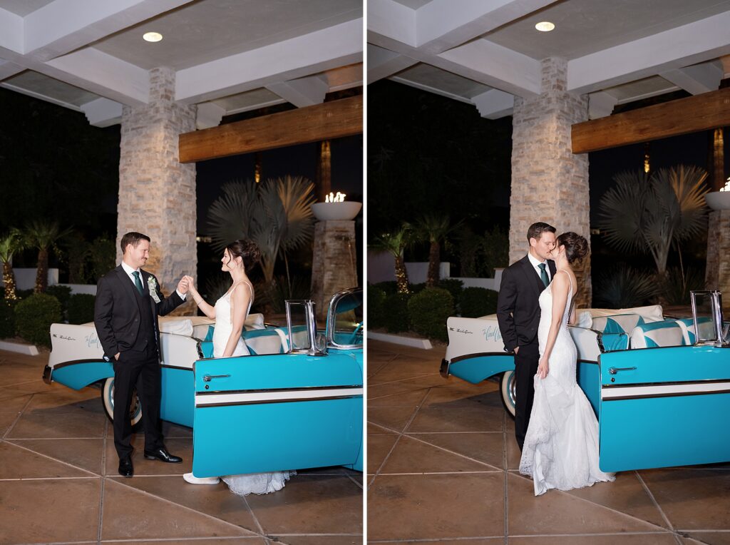 Bride and groom kiss in front of vintage car at the Canal Club at the Scott Resort and Spa.
