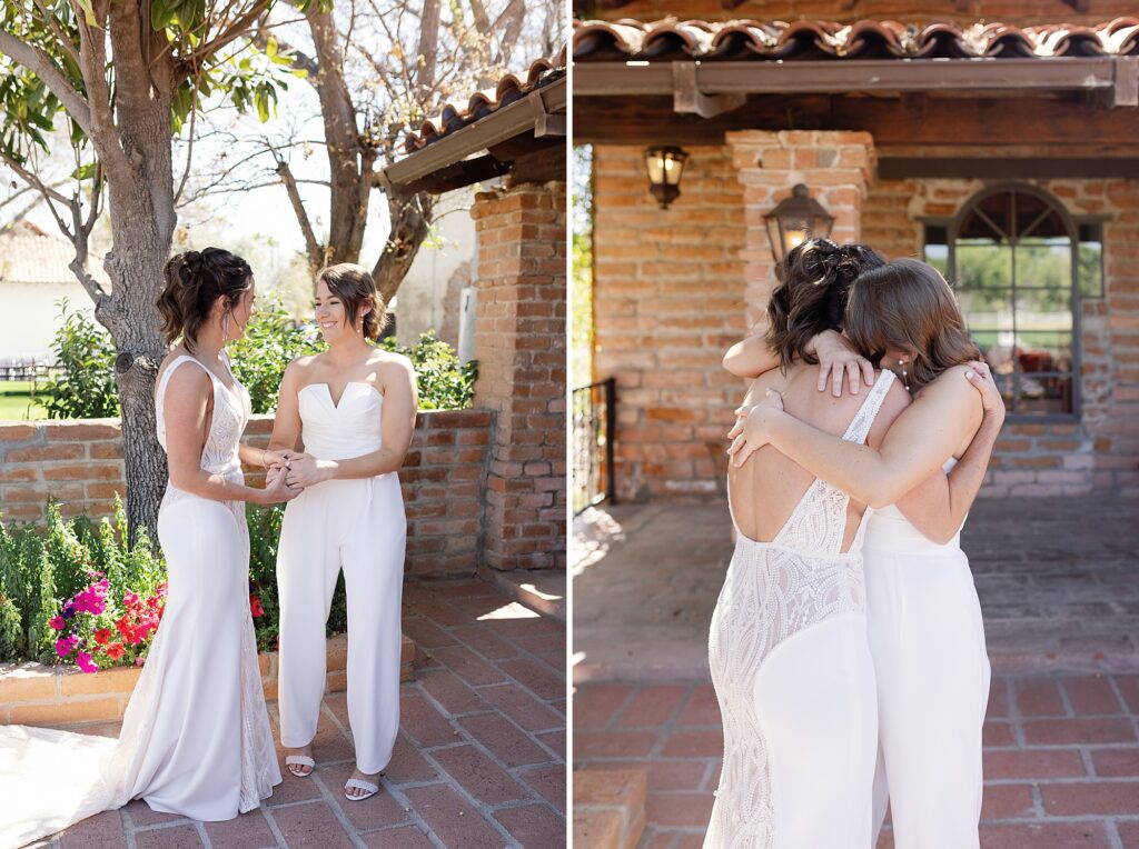 Two brides happily hug after seeing each other on wedding day at Tubac Golf Resort and Spa.