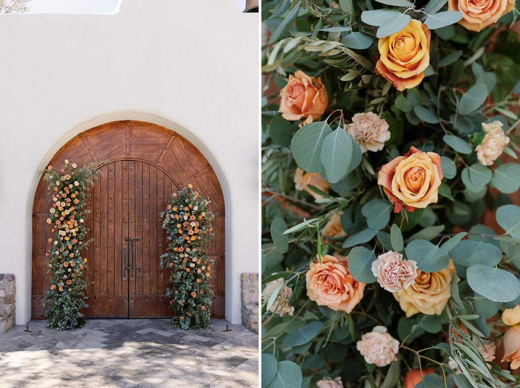 Wedding ceremony floral archway with orange roses and green eucalyptus.