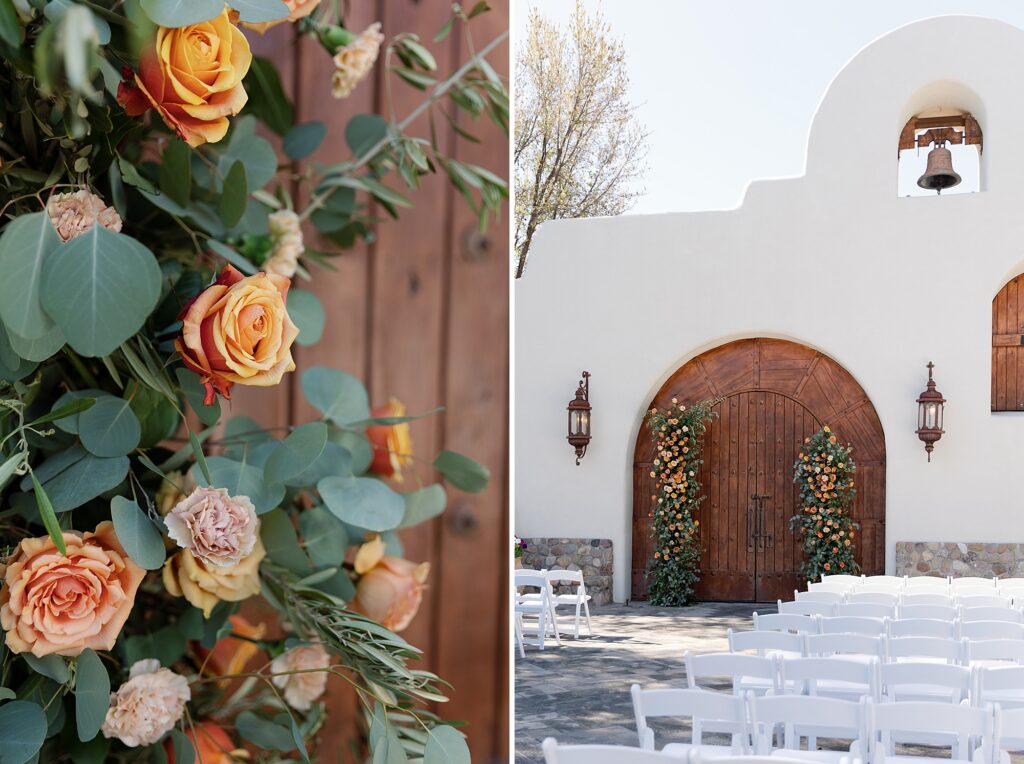 Wedding ceremony floral archway with orange roses and green eucalyptus at Tubac Resort and Spa. 