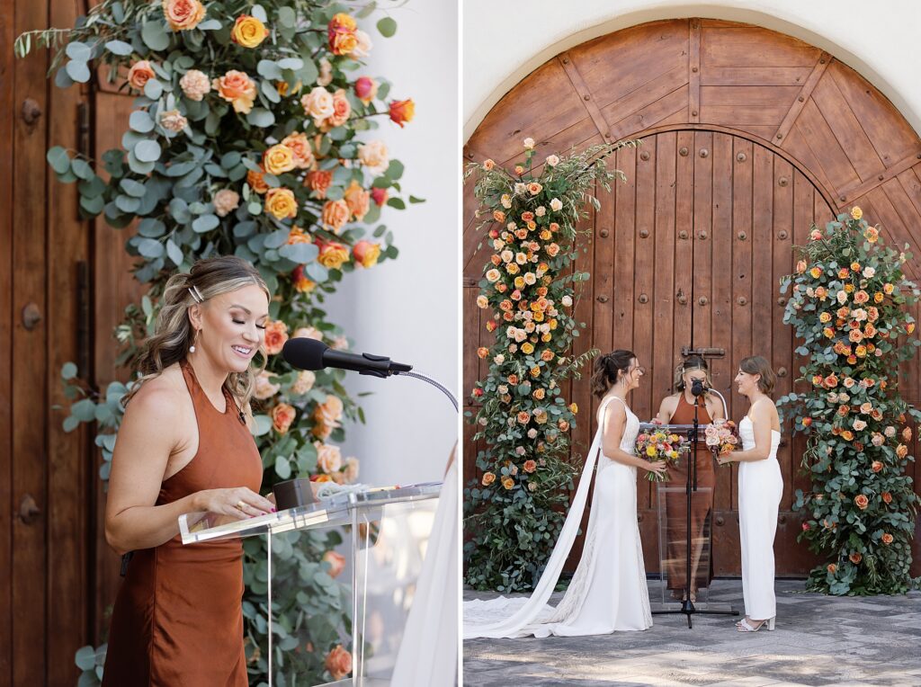 Officiant shares heartfelt speech and smiles during wedding ceremony. 