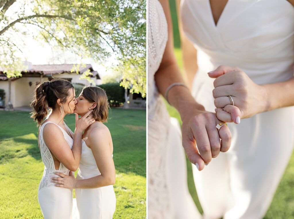 Two brides kiss in warm sunlight in grassy courtyard.