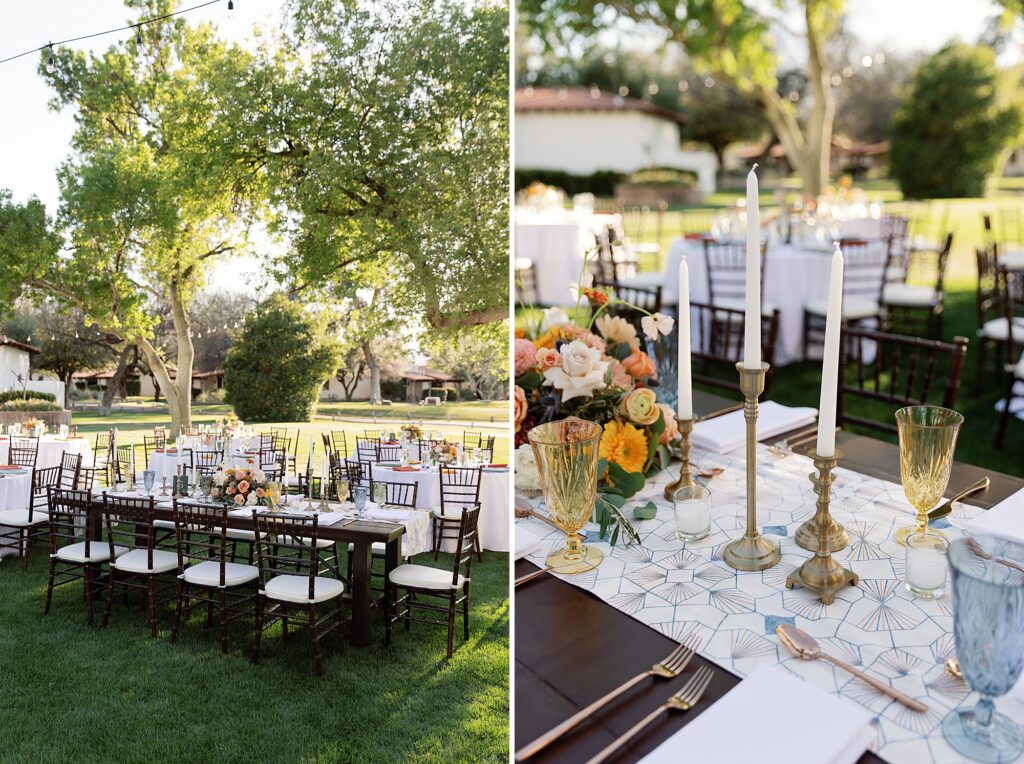 Outdoor wedding reception table on lawn with colorful florals and vintage candle sticks. 