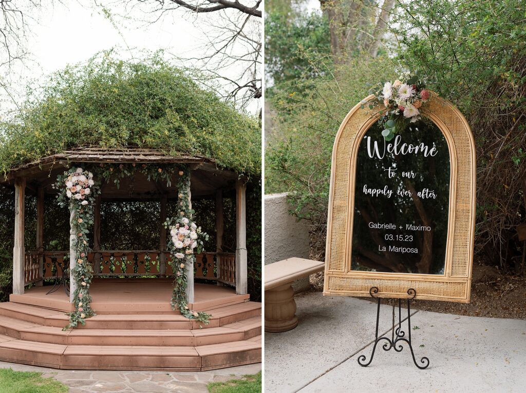 wedding ceremony altar with flowers and welcome signage 