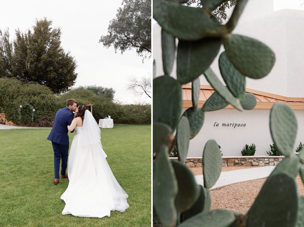 bride and groom walk together and kiss after leaving wedding ceremony