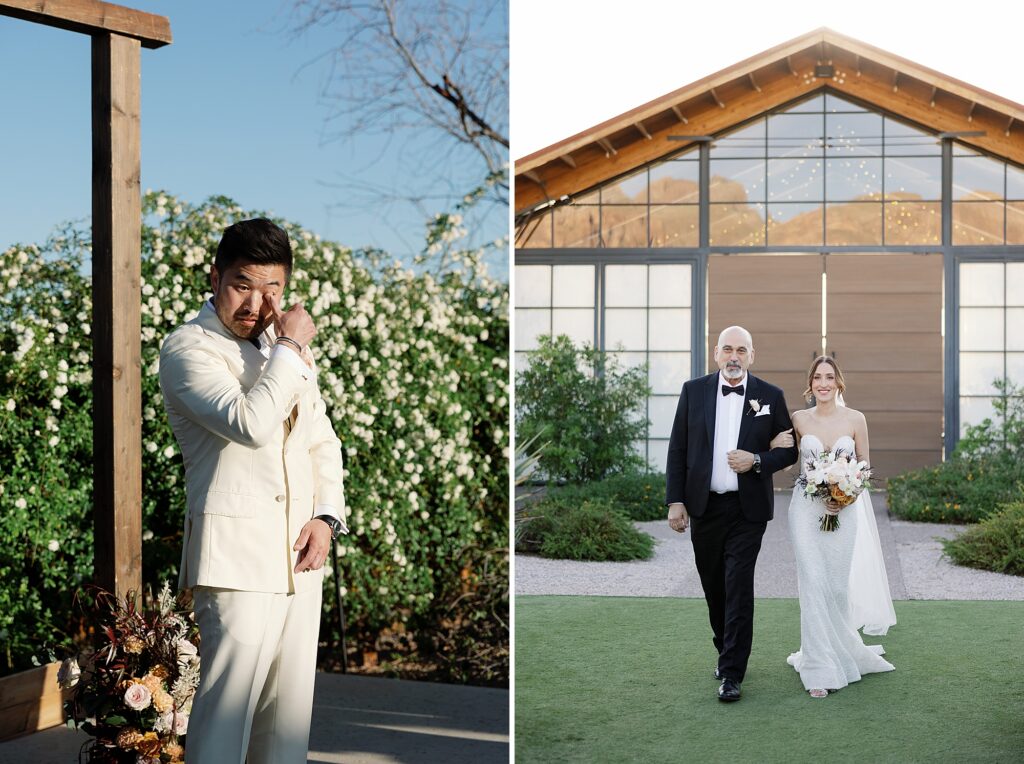 bride walking down the aisle towards crying groom