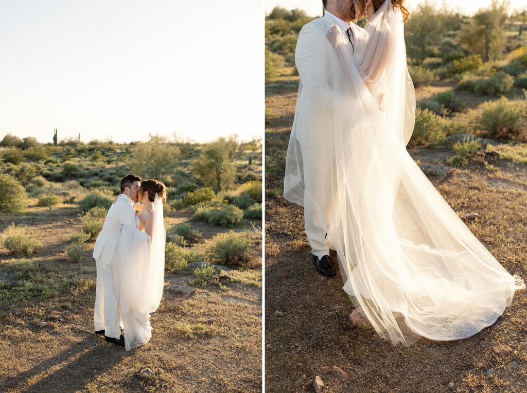 bride and groom kiss and embrace in the desert during sunset photos