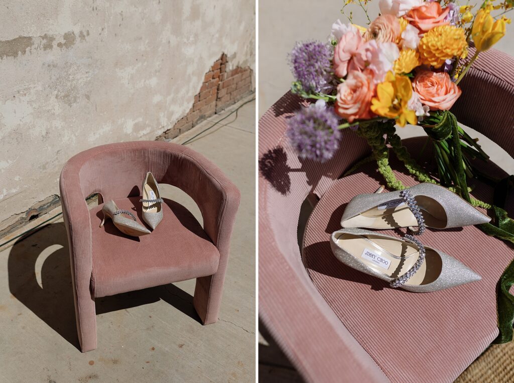 jimmy choo wedding shoes styled on pastel pink lounge chair