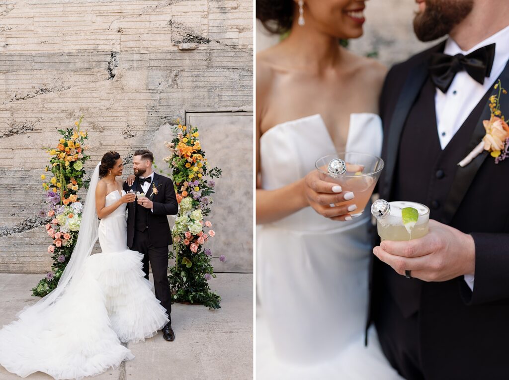 bride and groom cuddle in industrial wedding venue