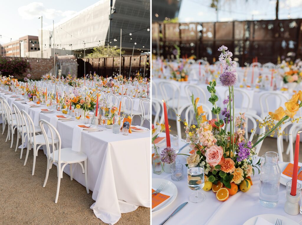 wedding reception tables adorned with yellow and orange flowers and fruit