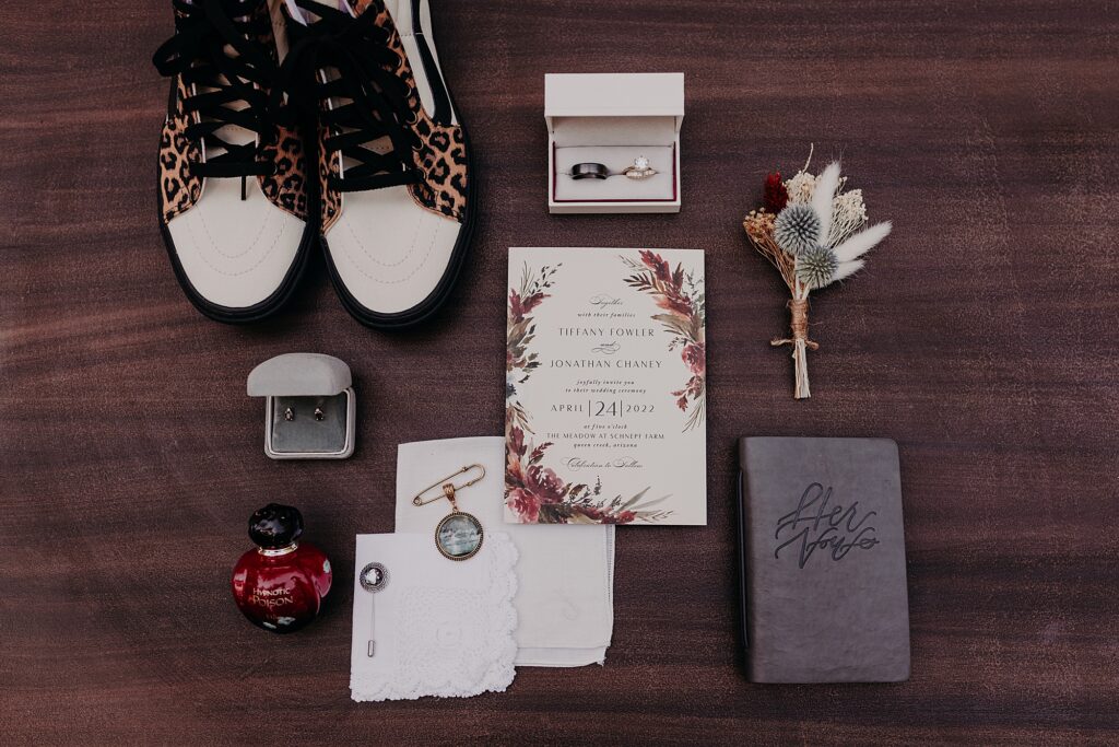 Lay flat photo of wedding invitation and shows