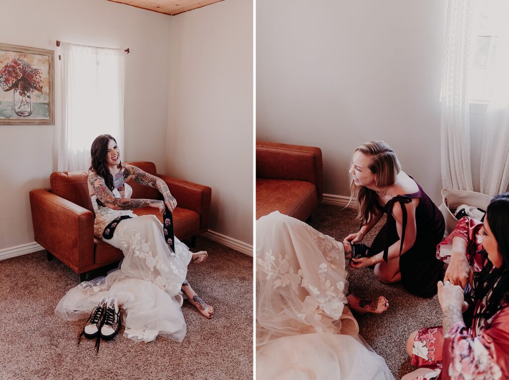 Bride putting on socks and shoes on wedding day