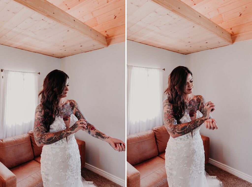 Tattooed bride putting on perfume on wedding day