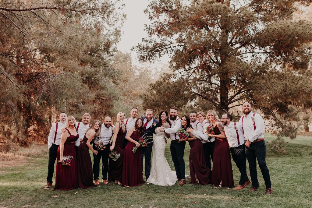 wedding party poses in a meadow