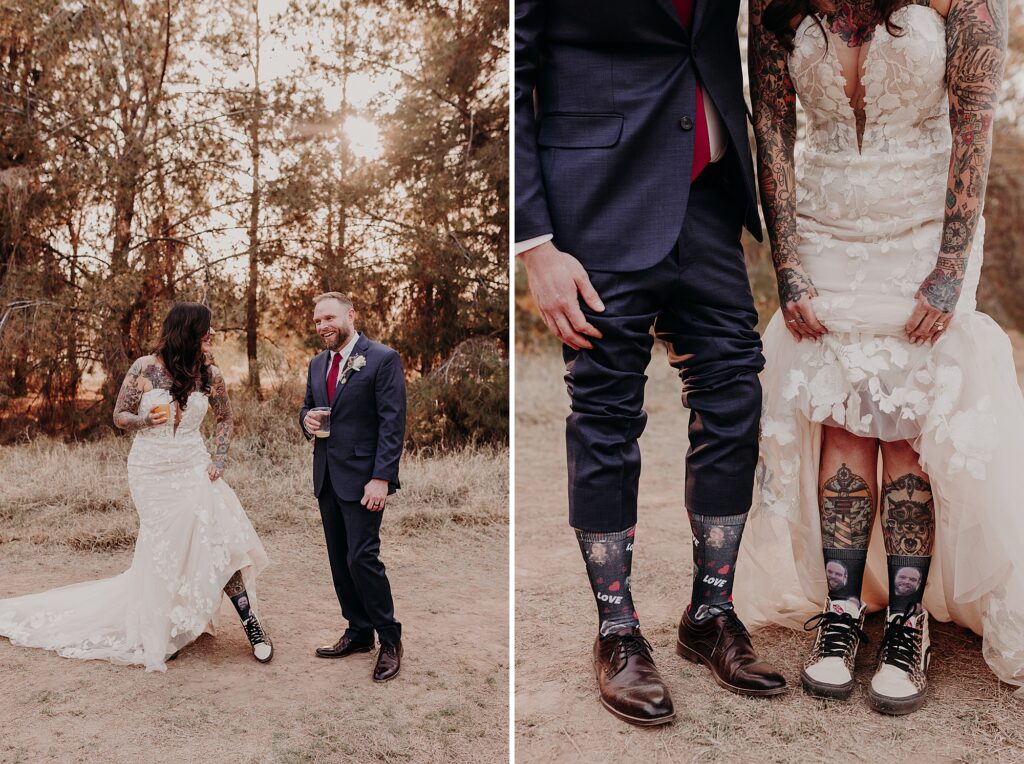 Schnepf Farm tattooed bride and groom in the meadow