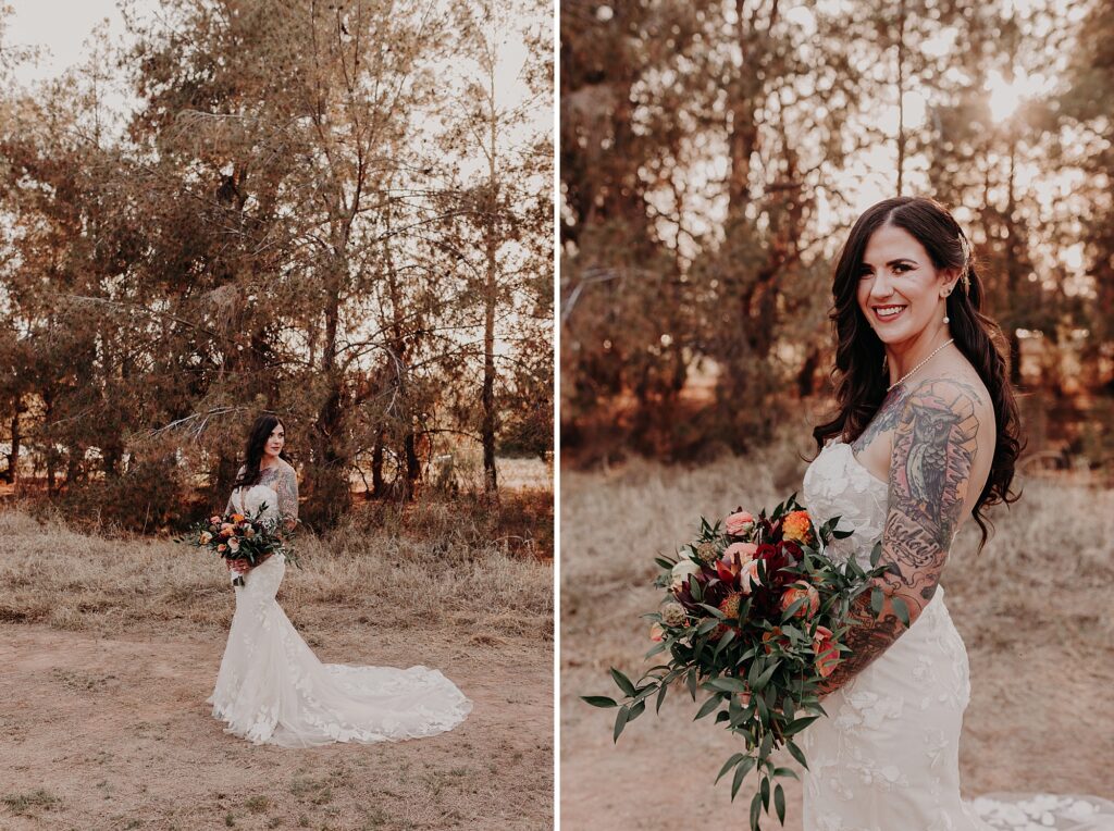 tattooed bride holds bouquet