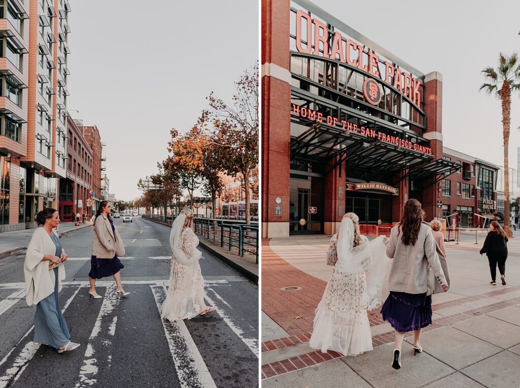 Bride walking to Oracle Park for her wedding