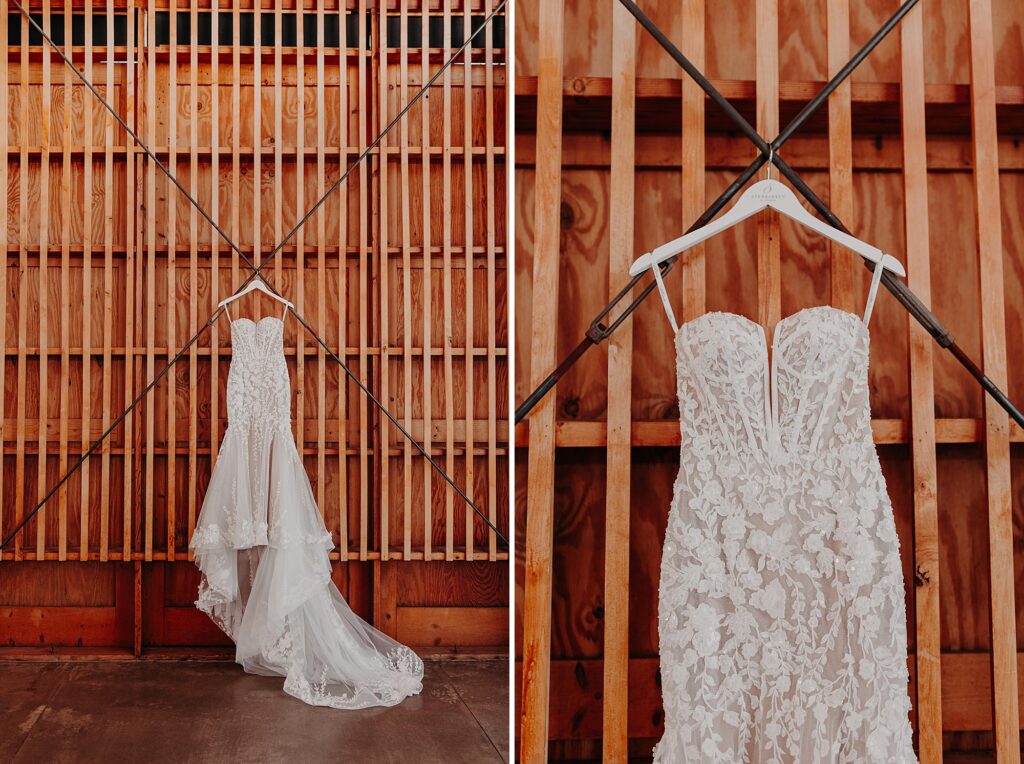 wedding dress hung up with custom hanger