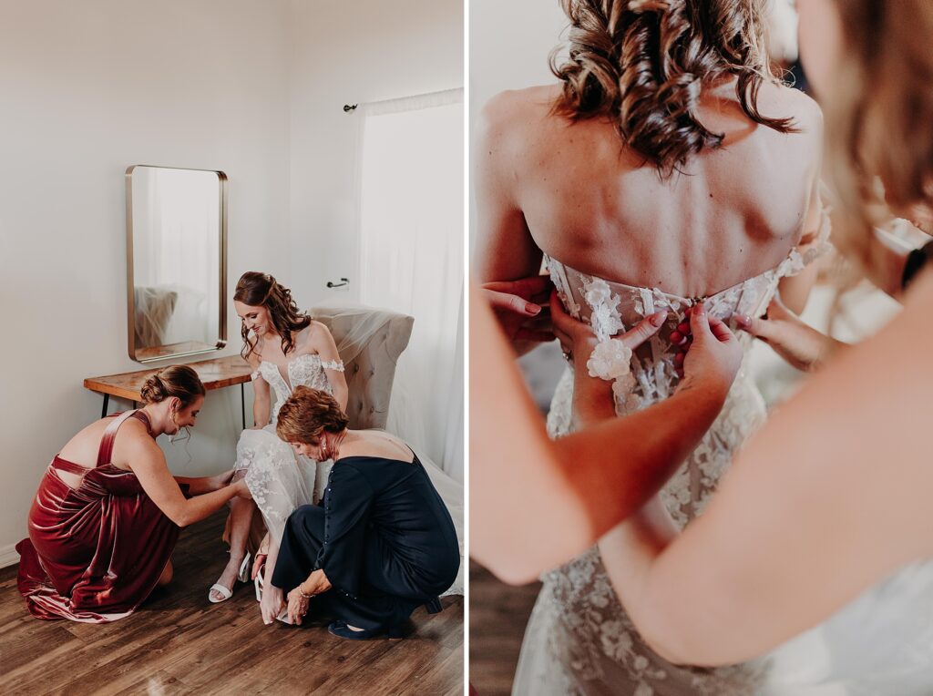 bride sits down while her mom helps put her shoes on
