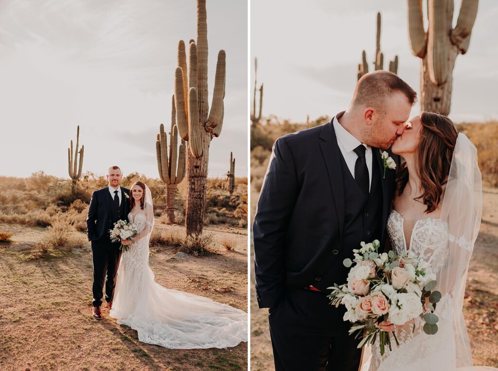 bride and groom kiss in the desert for sunset portraits