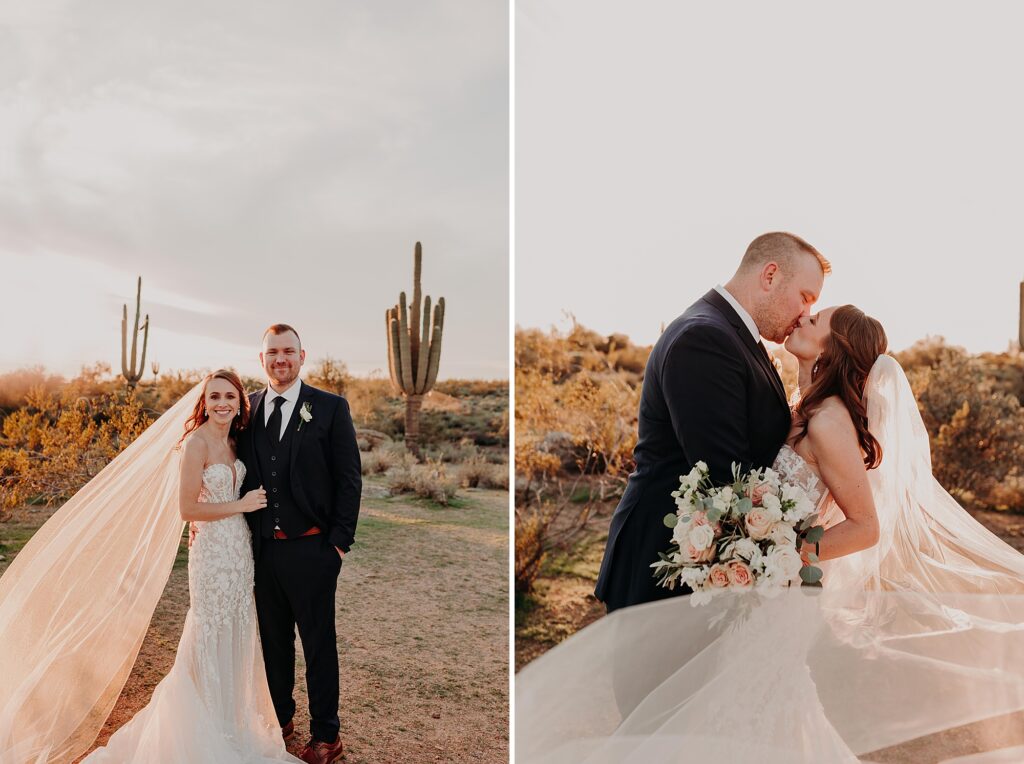 bride and groom kiss in the desert for sunset portraits