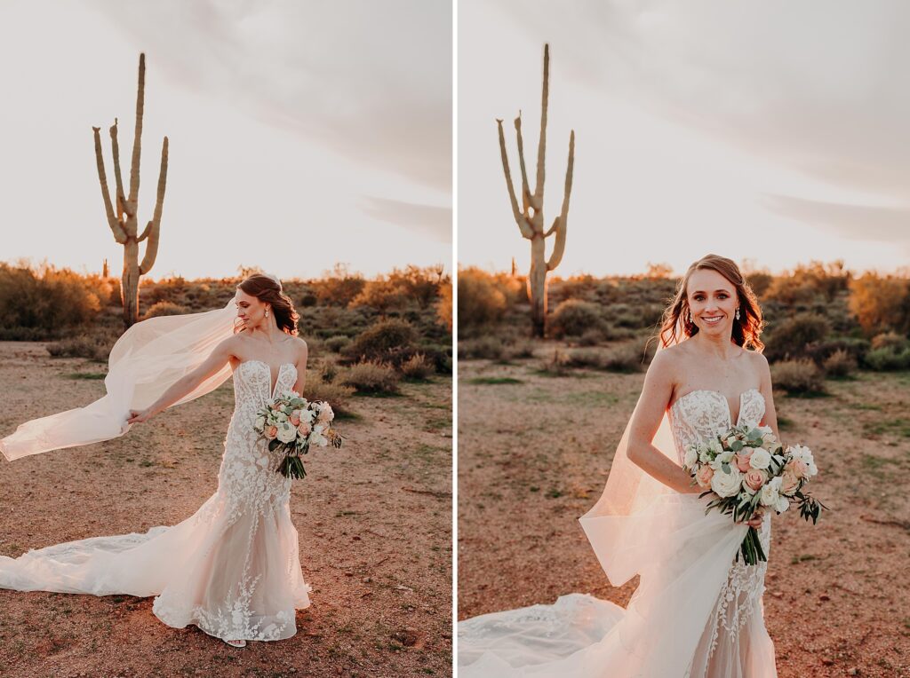 bride holding bouquet in the desert at sunset