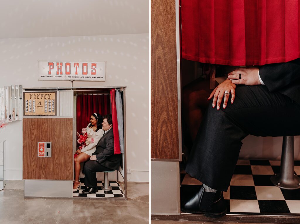 bride and groom sit in vintage Photo Booth after wedding ceremony